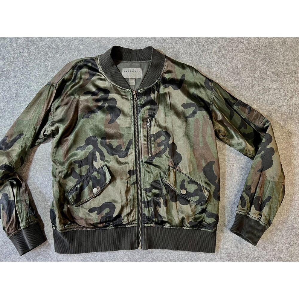 Marrakech Anthropologie Camo Satin Bomber Jacket Utility Outerwear Sz S Outdoors